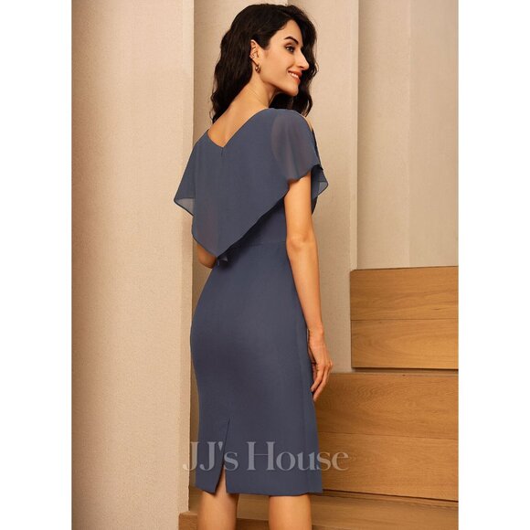 JJs House Womens V Neck Chiffon Sheath Cocktail Dress Stormy Blue size 10 - Picture 2 of 15